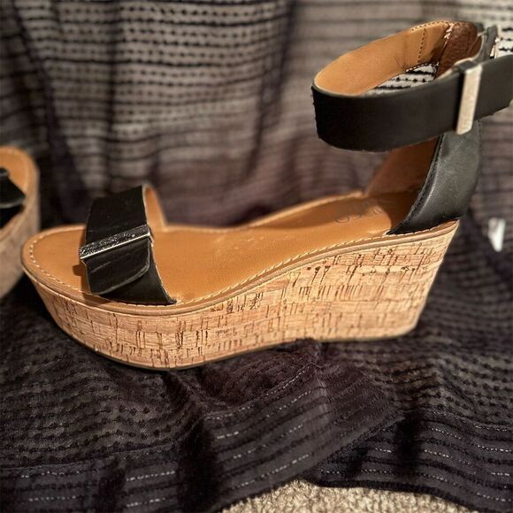 Franco Sarto Joni 2 Black Slingback platform Sandals Size 6.5 Cork Wedge - Picture 1 of 8